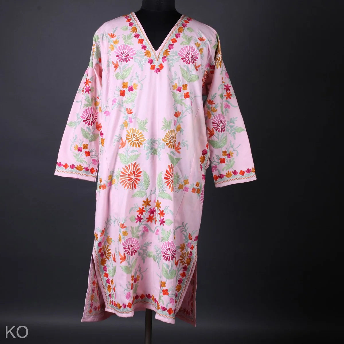 Pink Base Aari Embroidered Kurti