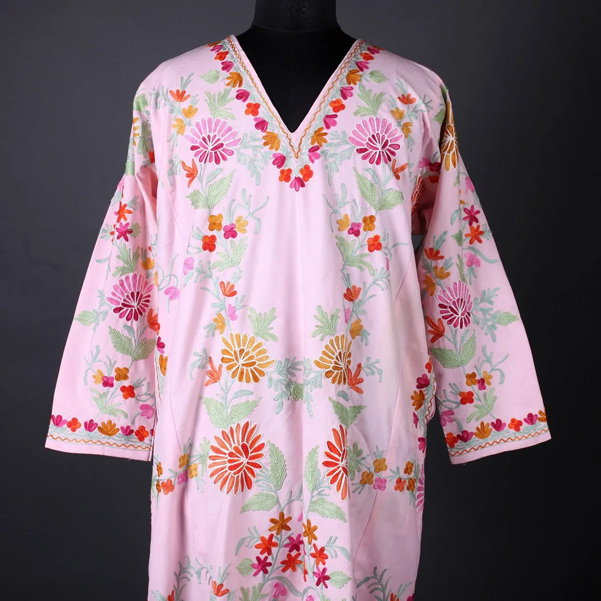 Pink Base Aari Embroidered Kurti