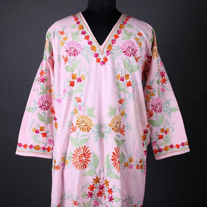 Pink Base Aari Embroidered Kurti
