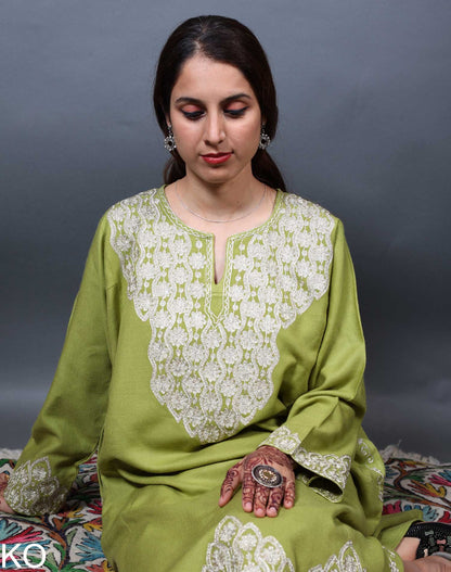 Neck & Bottom Zari Embroidered Light Green Pheran