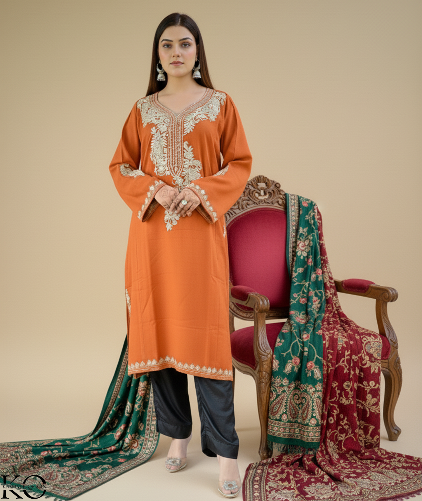 Neck Design Zari Embroidered Rust Pheran