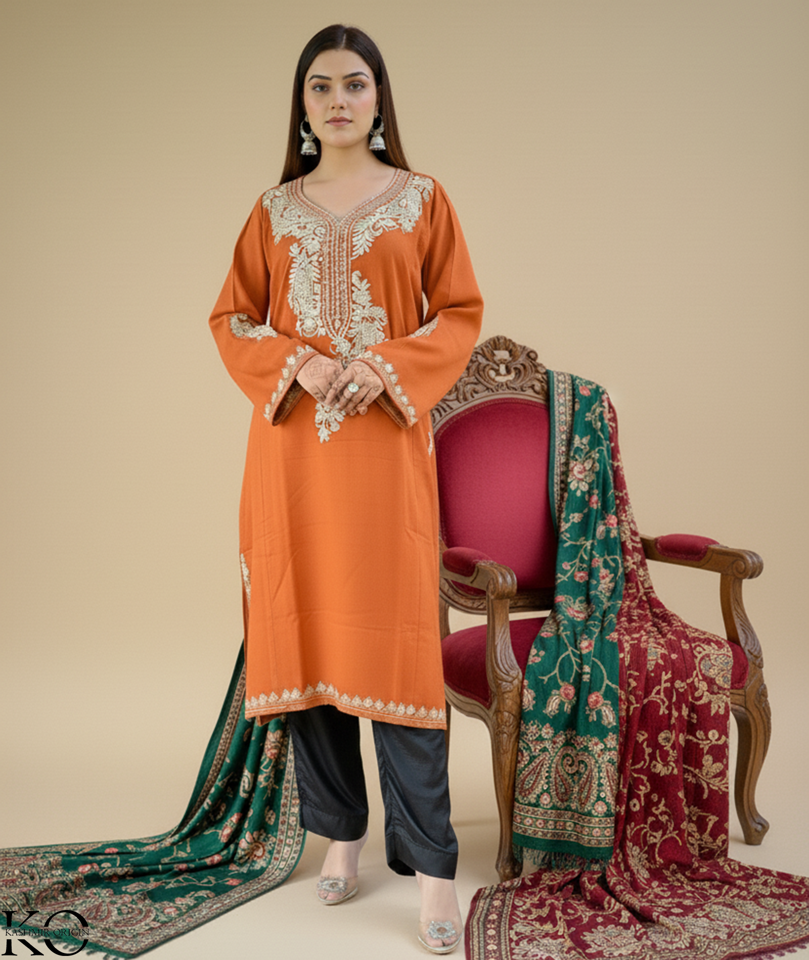 Neck Design Zari Embroidered Rust Pheran