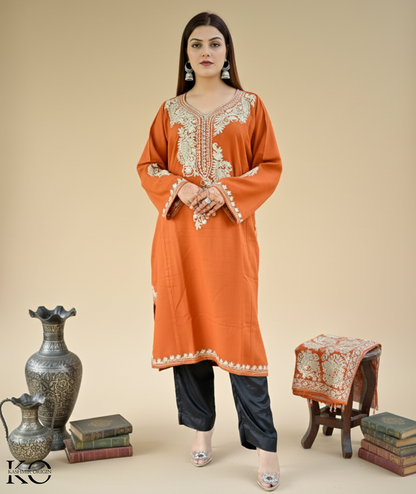 Neck Design Zari Embroidered Rust Pheran