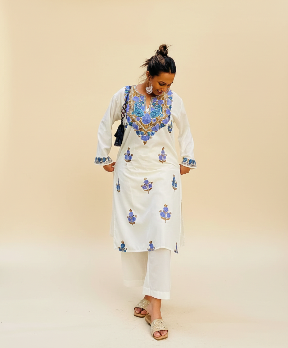 Creme Base Aari Embriodered Cord Set | Full Suit
