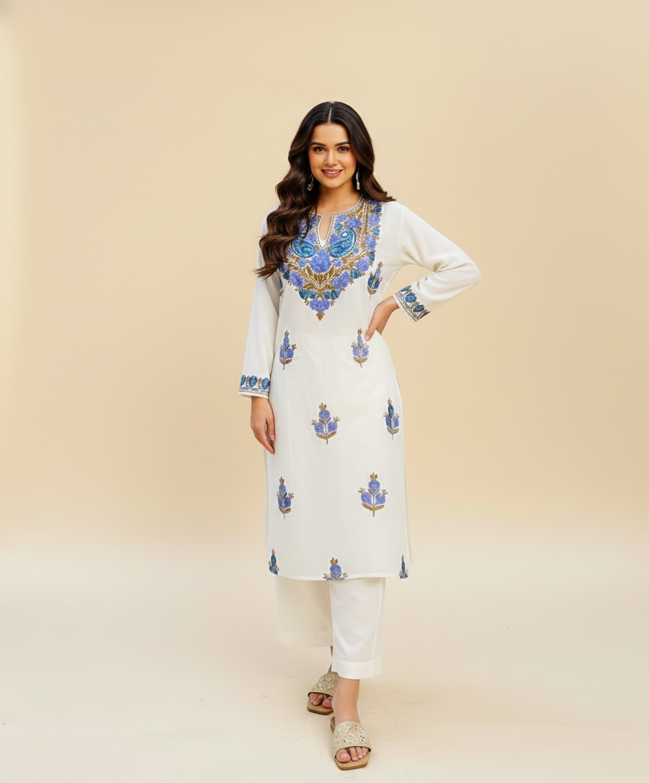 Creme Base Aari Embriodered Cord Set | Full Suit