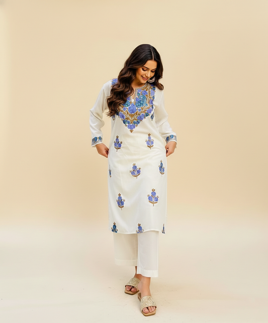 Creme Base Aari Embriodered Cord Set | Full Suit