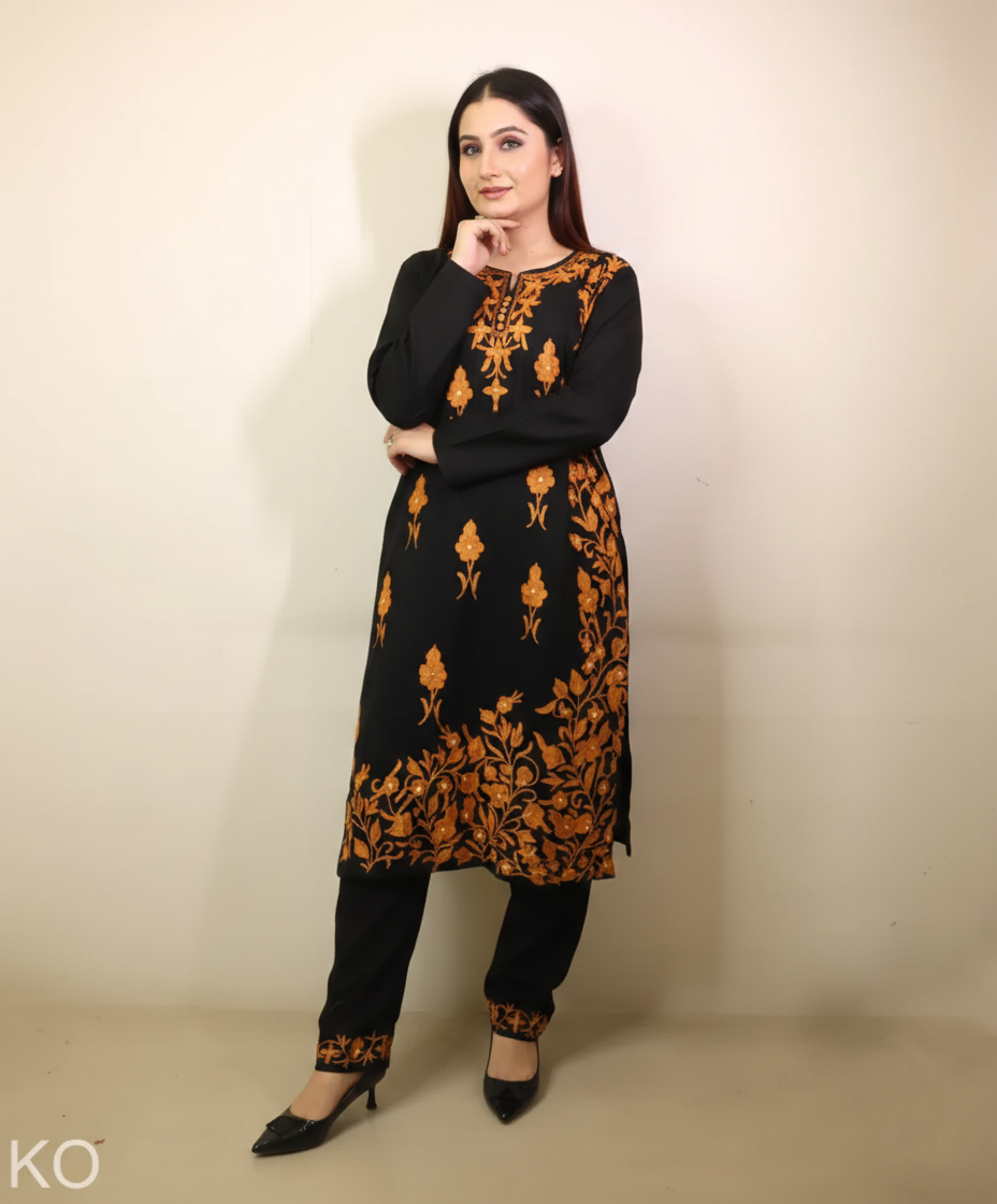 Black Base Brown Aari Embroidered Cord Set | Full Suit