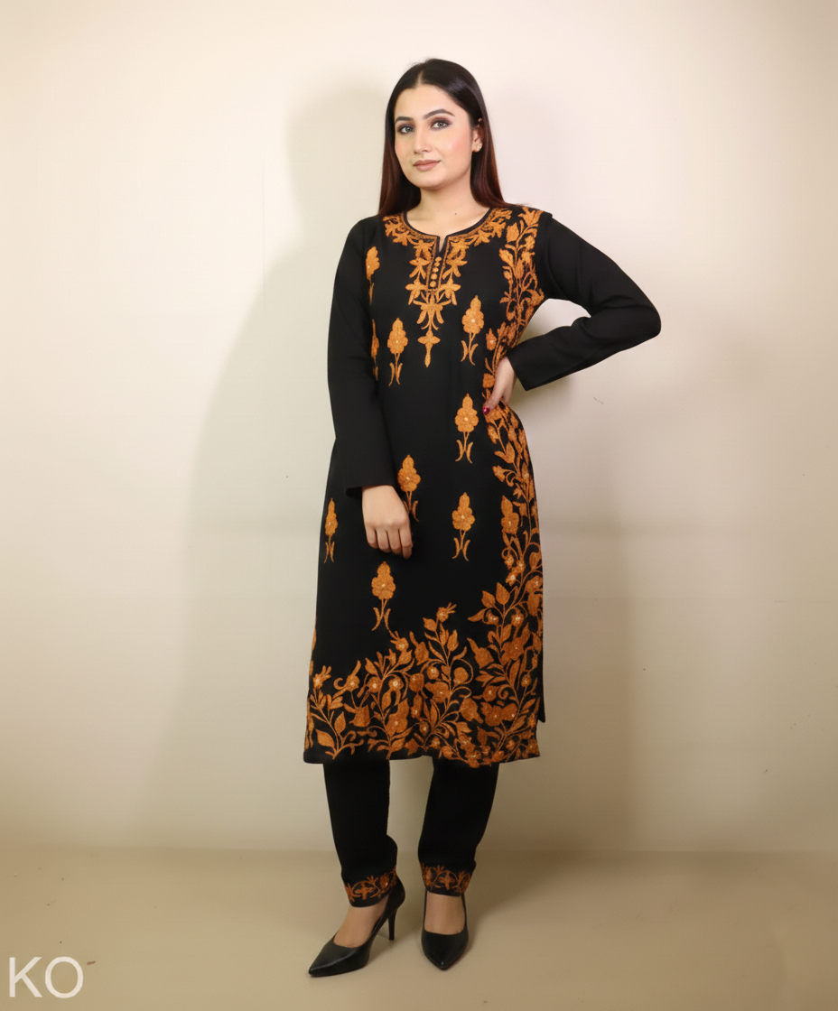 Black Base Brown Aari Embroidered Cord Set | Full Suit