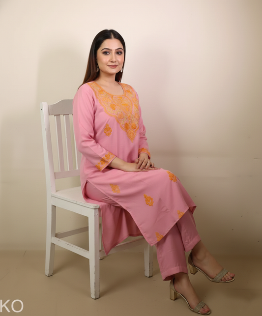 Rose Pink Aari Embriodered Butidaar Cord Set | Full Suit