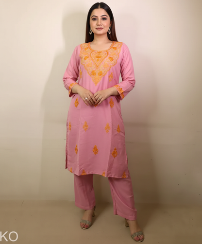 Rose Pink Aari Embriodered Butidaar Cord Set | Full Suit