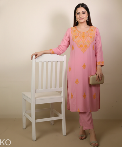 Rose Pink Aari Embriodered Butidaar Cord Set | Full Suit