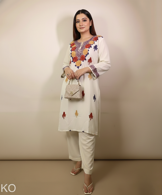Creme Base Multi Colour Floral Design Aari Embriodered Cord Set | Full Suit