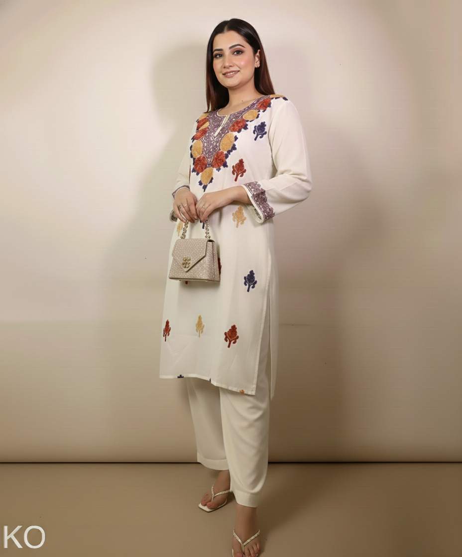 Creme Base Multi Colour Floral Design Aari Embriodered Cord Set | Full Suit