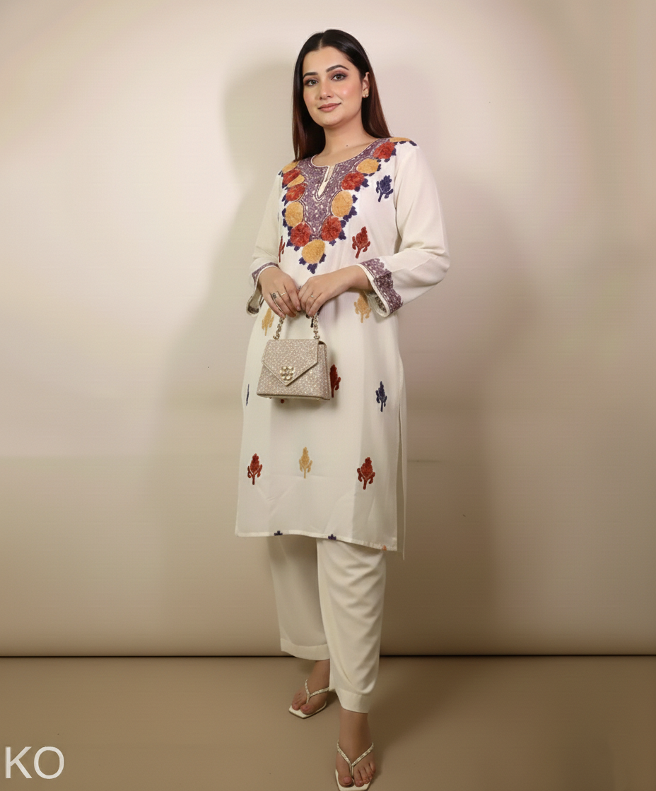 Creme Base Multi Colour Floral Design Aari Embriodered Cord Set | Full Suit