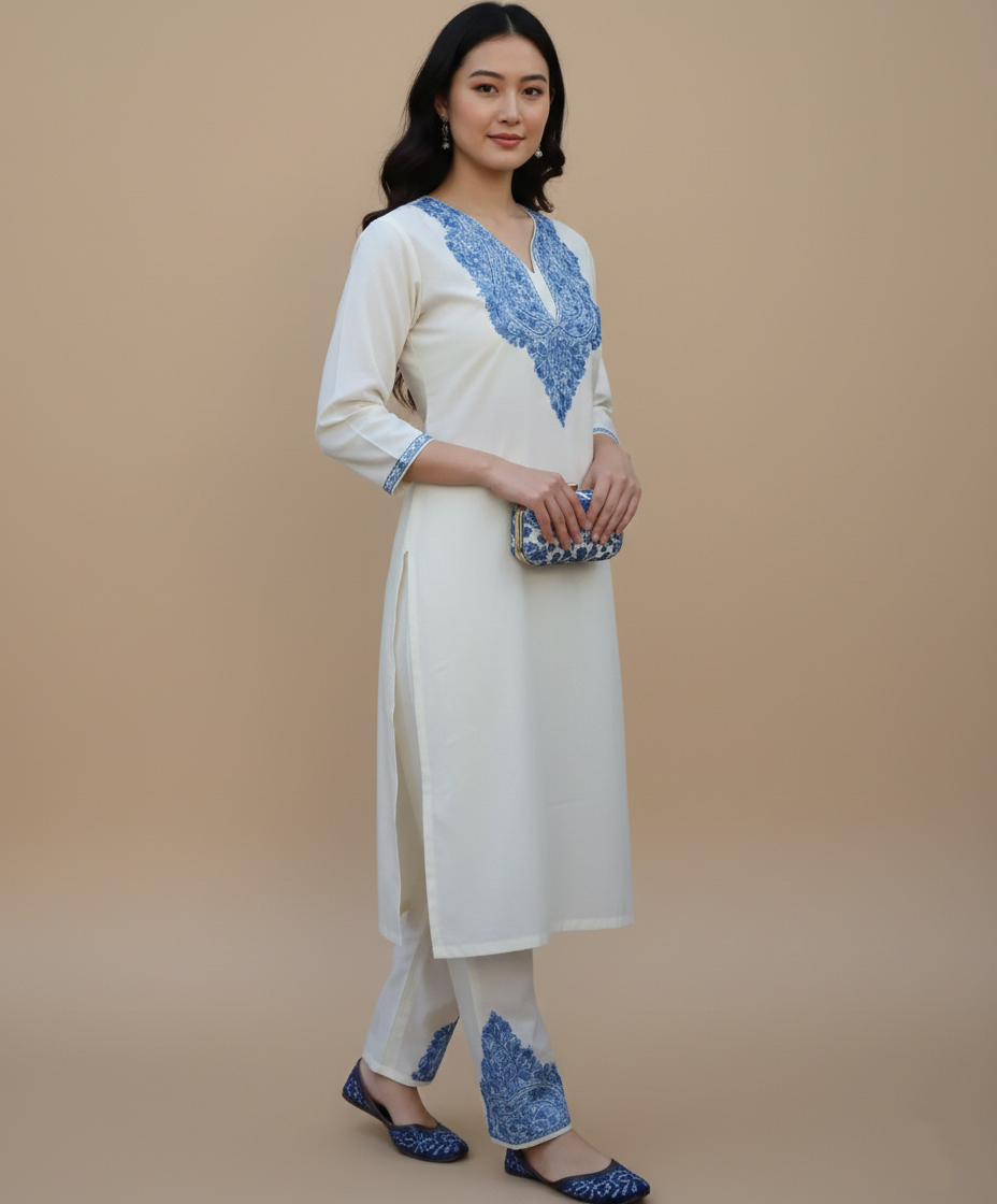 White & Blue Aari Embroidered Cotton Co ord Set Front Back Work