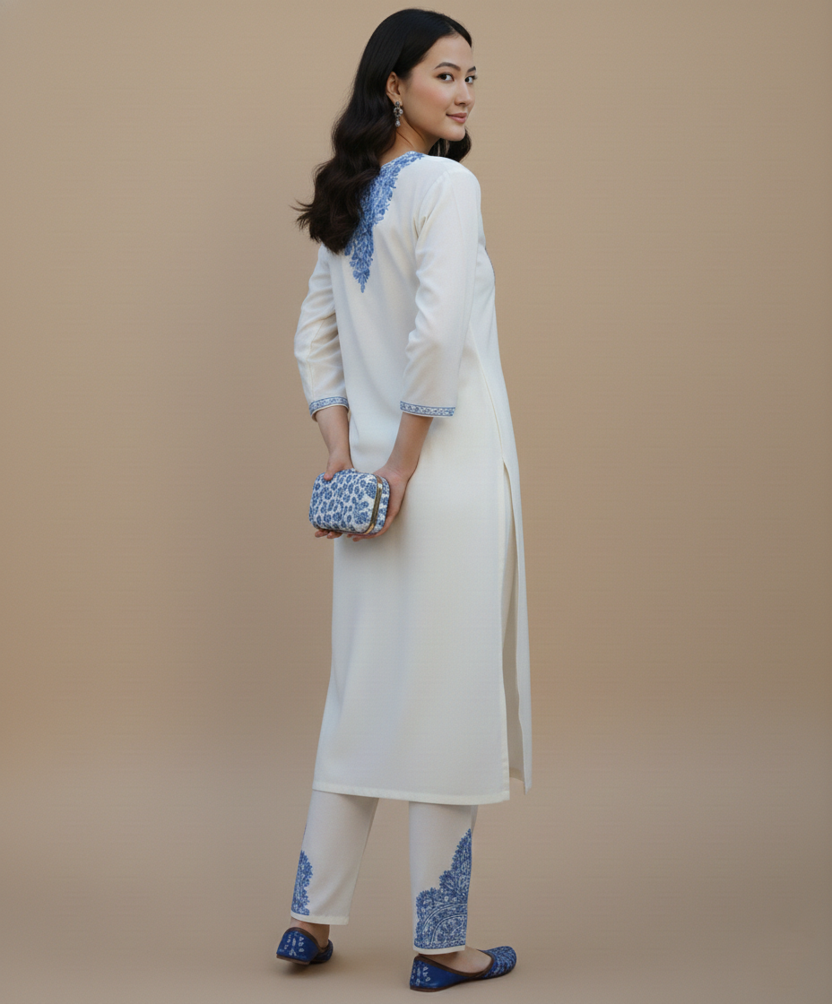 White & Blue Aari Embroidered Cotton Co ord Set Front Back Work