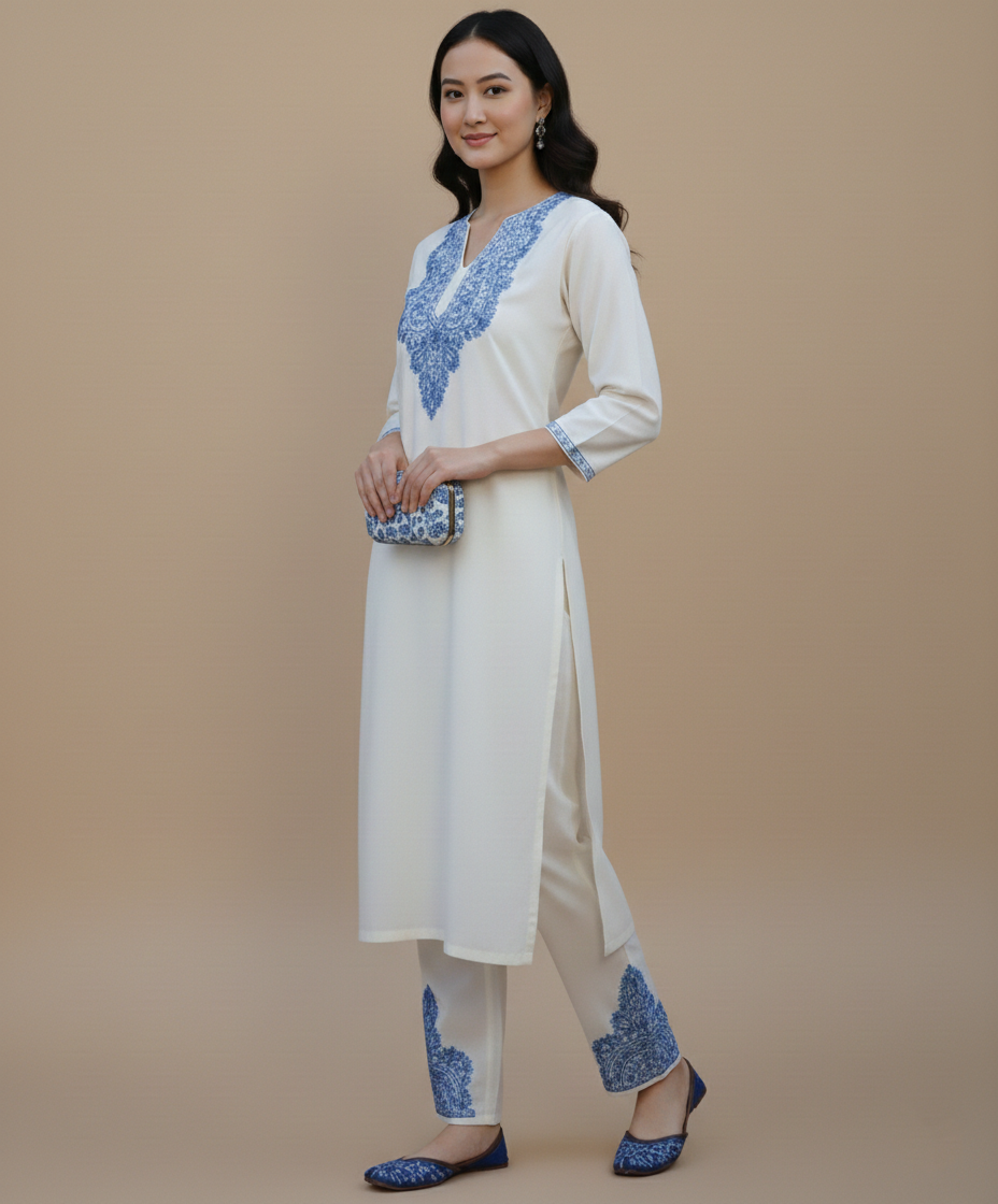 White & Blue Aari Embroidered Cotton Co ord Set Front Back Work