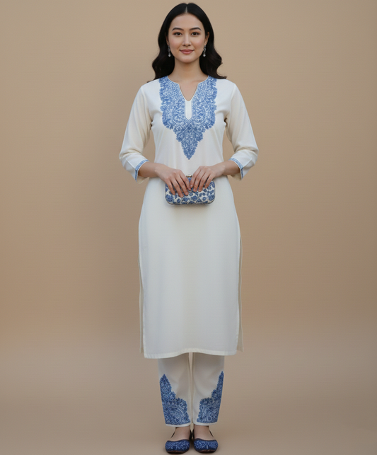 White & Blue Aari Embroidered Cotton Co ord Set Front Back Work