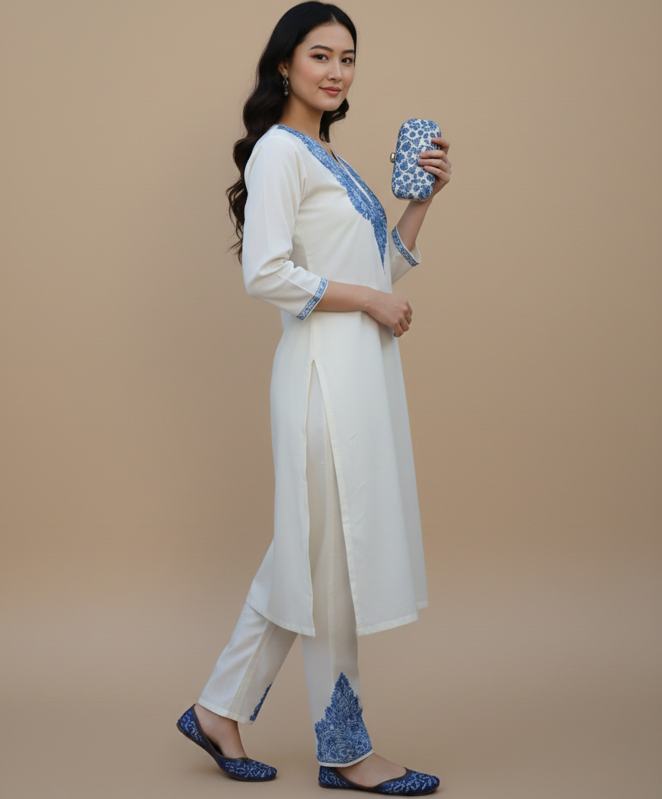 White & Blue Aari Embroidered Cotton Co ord Set Front Back Work