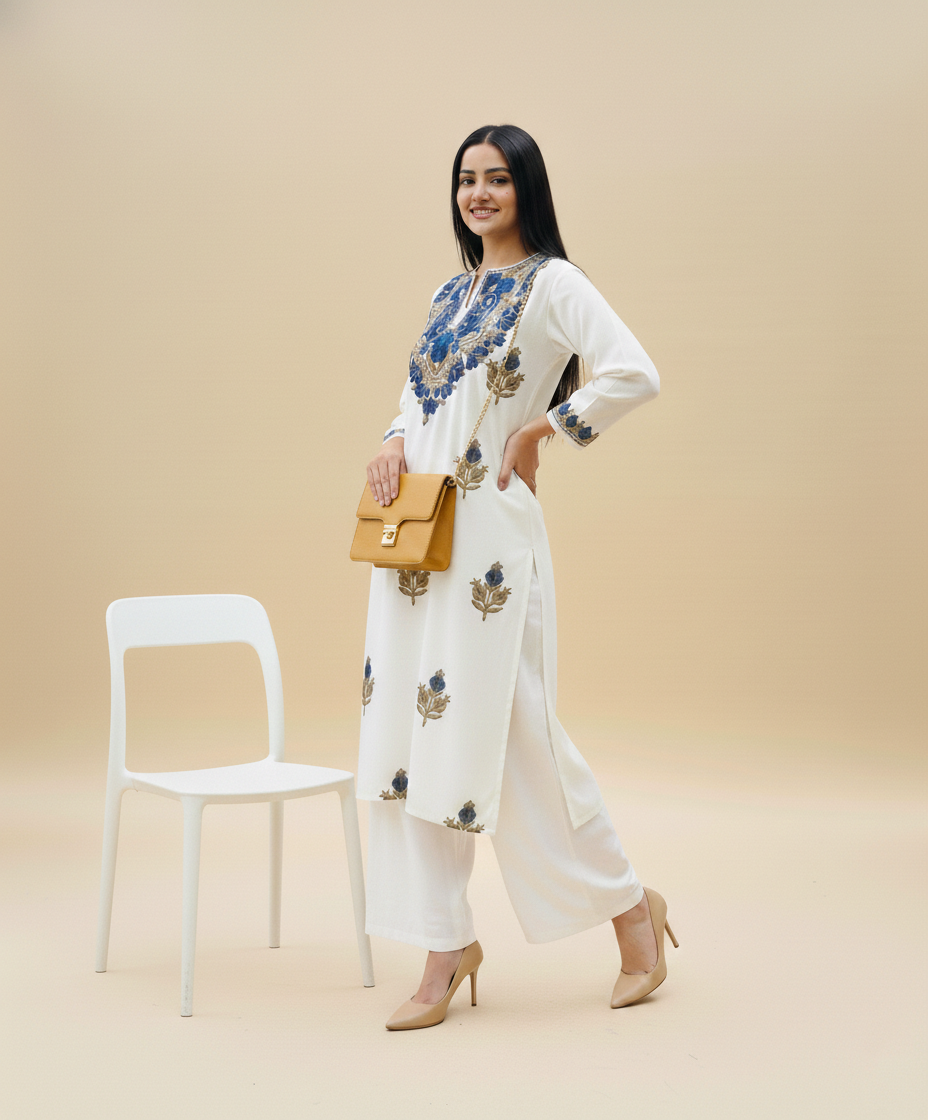 Creme Aari Embriodered Co-ord Set | Full Suit