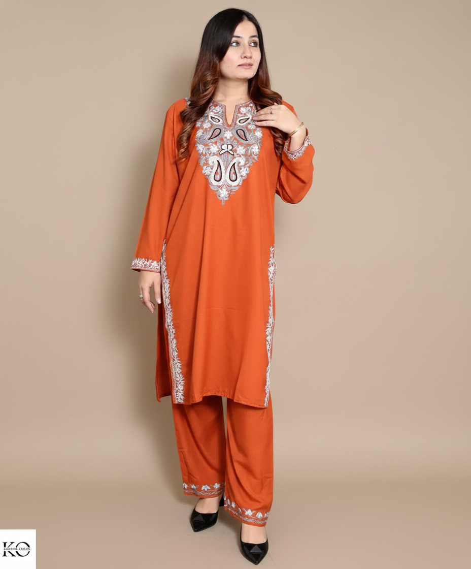 Paisley Design Aari Embroidered Rust Cotton Co ord Set |Full Suit