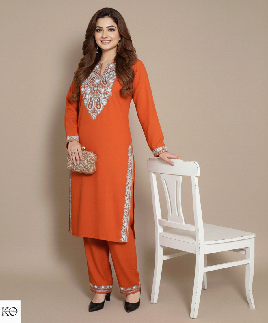 Rust paisley aari embroidered Kashmiri cotton co-ord set full suit