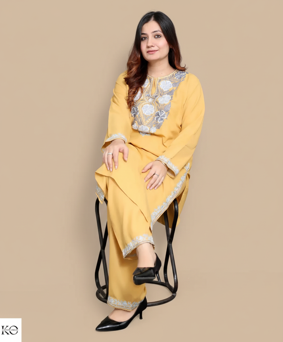 Floral Grey Aari Embroidered yellow Cotton Co ord Set