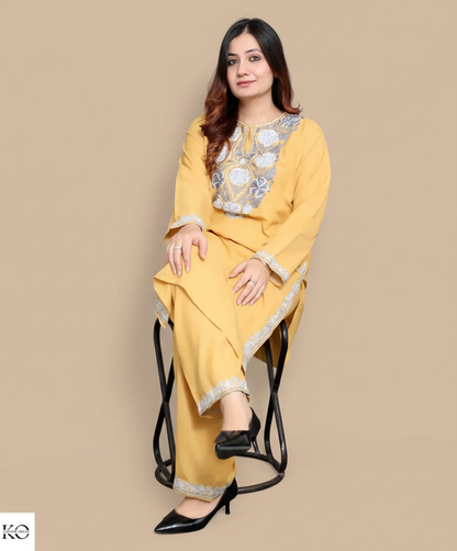 Floral Grey Aari Embroidered yellow Cotton Co ord Set