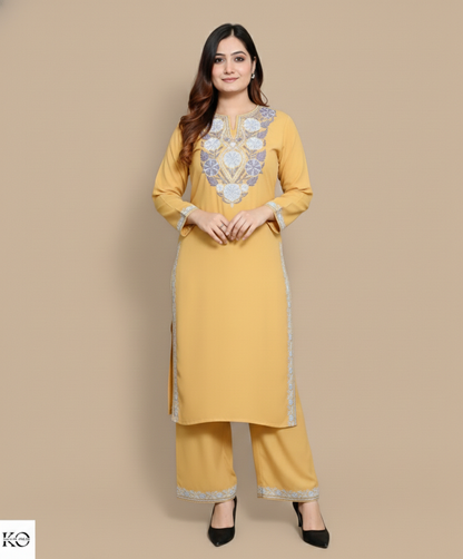 Floral grey and yellow aari embroidered Kashmiri cotton co-ord set