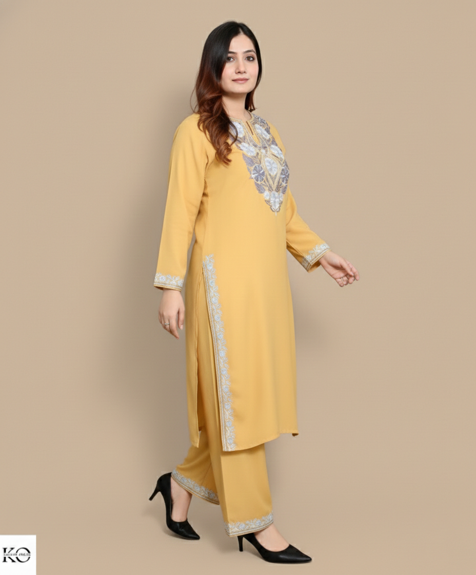 Floral Grey Aari Embroidered yellow Cotton Co ord Set