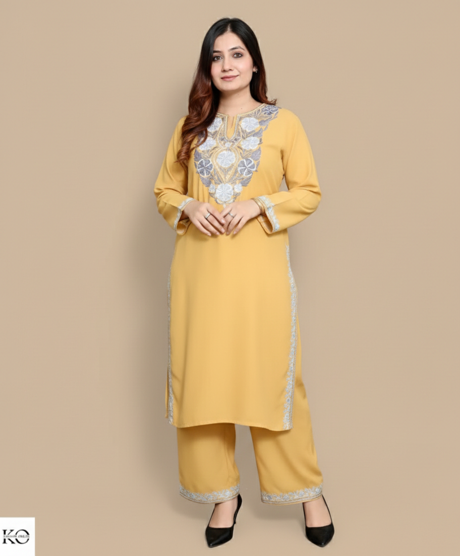 Floral Grey Aari Embroidered yellow Cotton Co ord Set