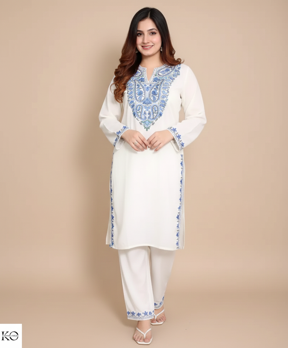 Paisley Design Aari Embroidered White Cotton Co ord Set