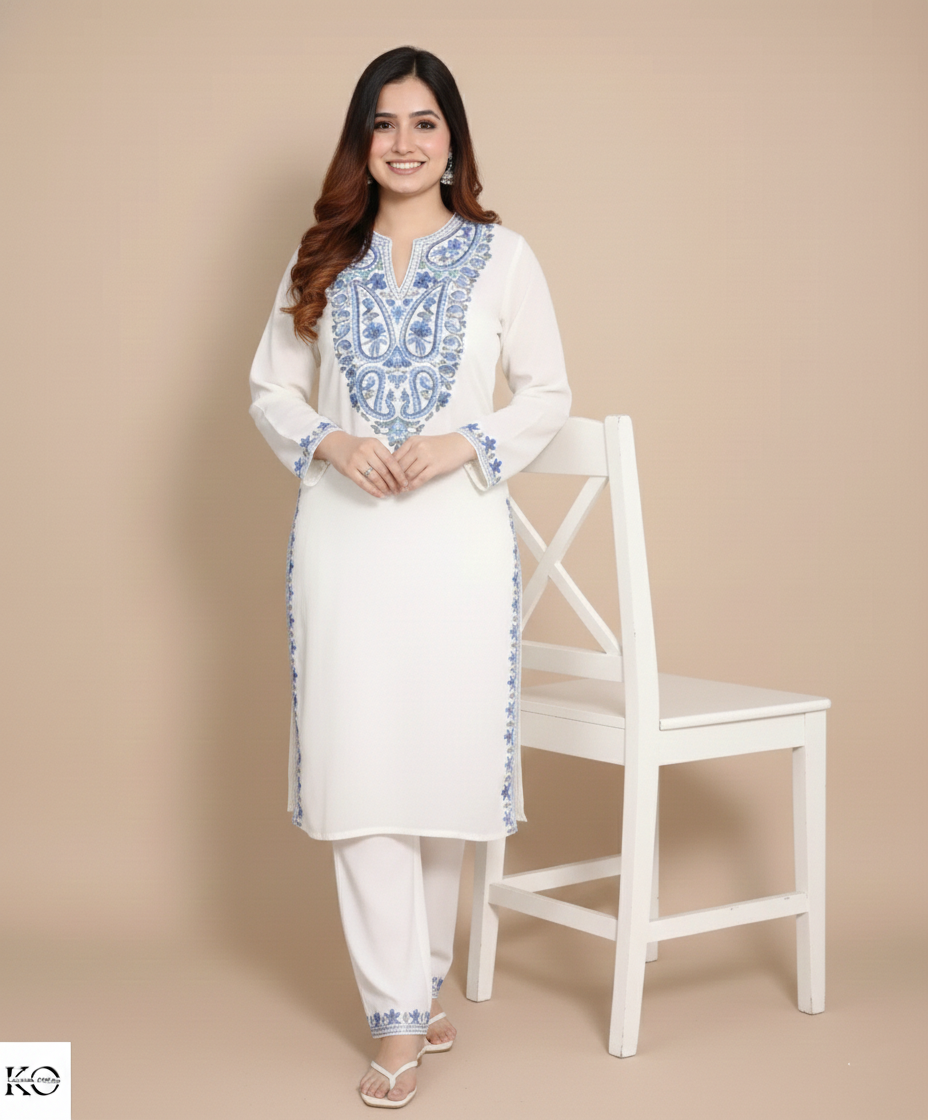 Paisley Design Aari Embroidered White Cotton Co ord Set