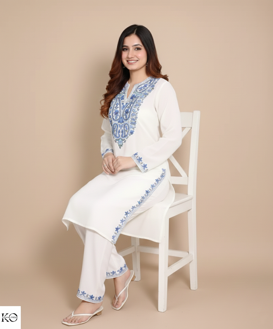 Paisley Design Aari Embroidered White Cotton Co ord Set
