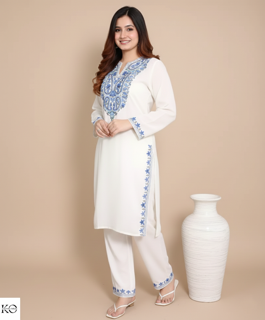 Paisley Design Aari Embroidered White Cotton Co ord Set