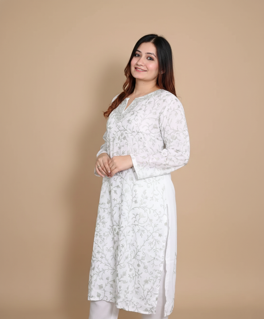 Jaali Design Aari Embroidered white Cotton Co ord Set |Full Suit