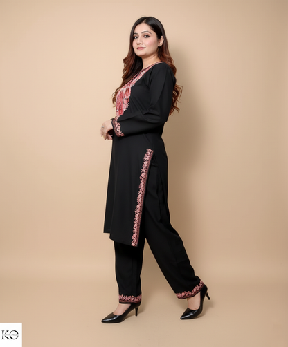 Paisley Neck Design Aari Embroidered Black Cotton Co-ord Set