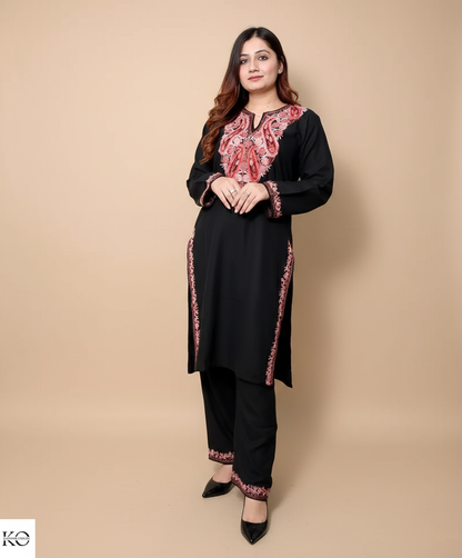 Paisley Neck Design Aari Embroidered Black Cotton Co-ord Set