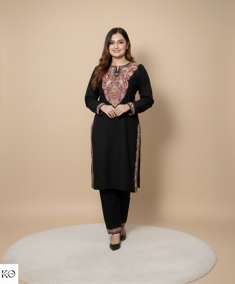 Black paisley neck design aari embroidered Kashmiri cotton co-ord set