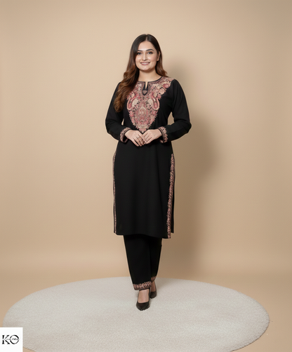 Black paisley neck design aari embroidered Kashmiri cotton co-ord set