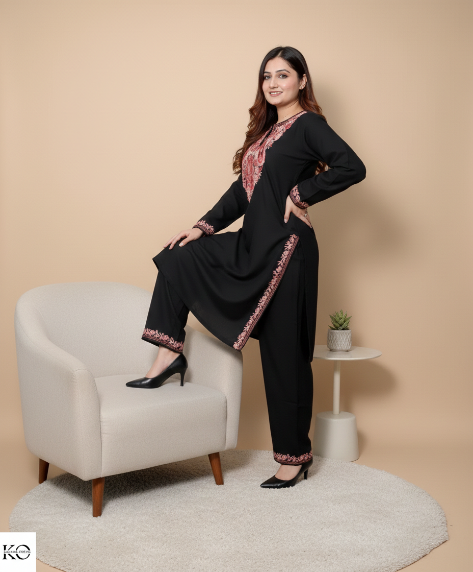Paisley Neck Design Aari Embroidered Black Cotton Co-ord Set