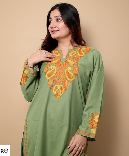 Green Base Aari Embroidered Cotton Co ord Set