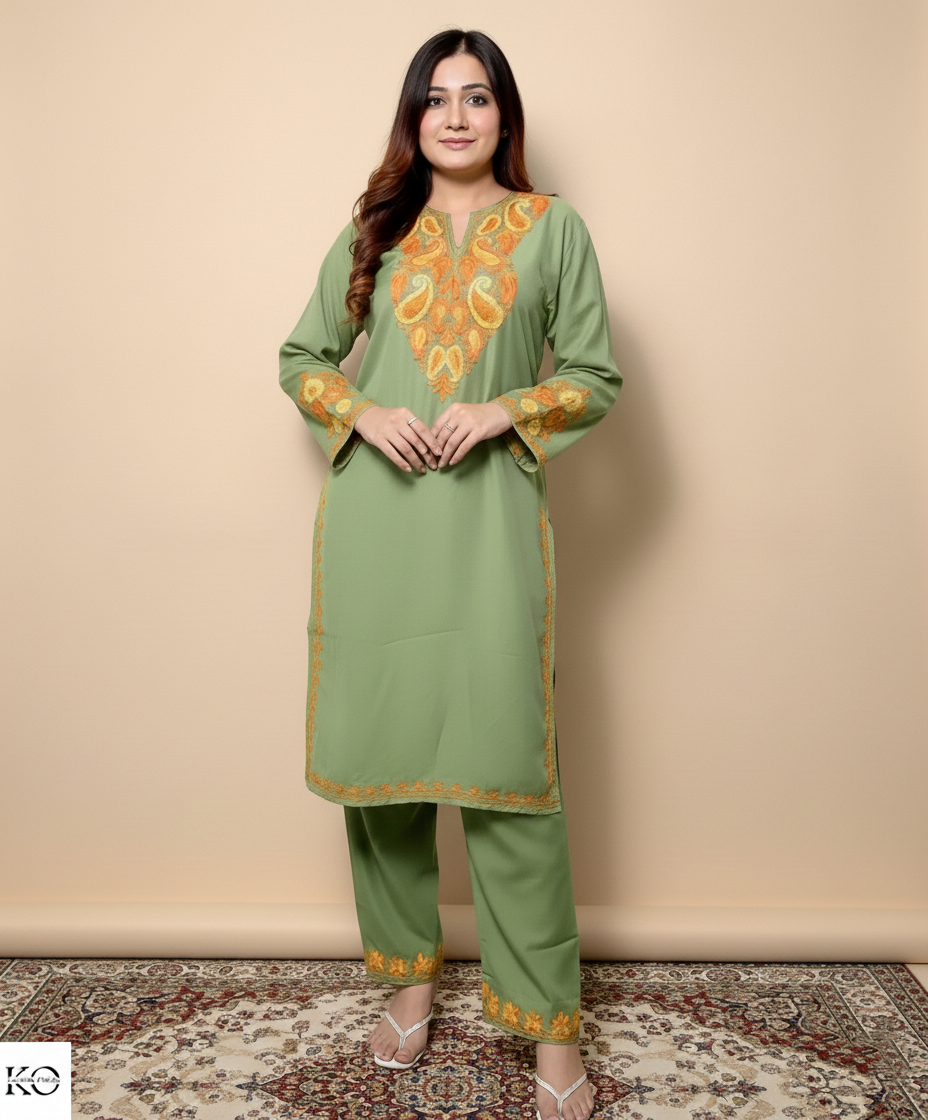 Green Base Aari Embroidered Cotton Co ord Set
