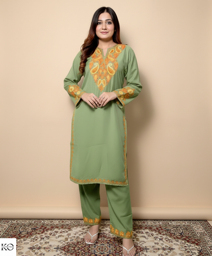 Green Base Aari Embroidered Cotton Co ord Set