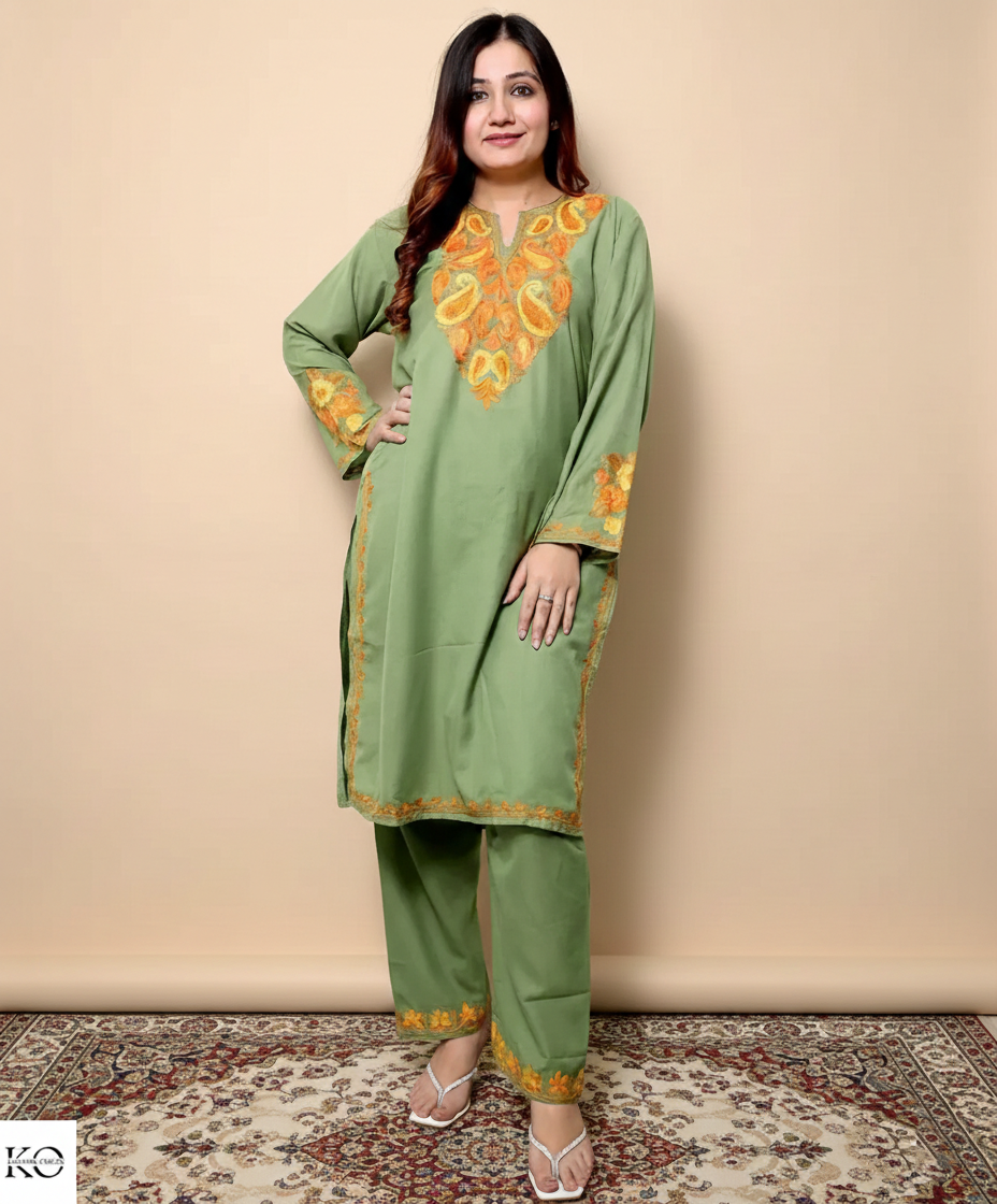 Green Base Aari Embroidered Cotton Co ord Set