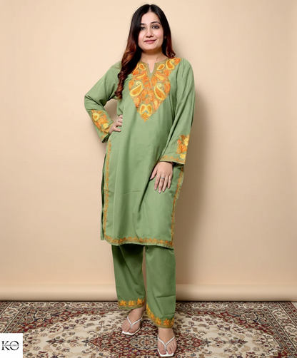 Green Base Aari Embroidered Cotton Co ord Set
