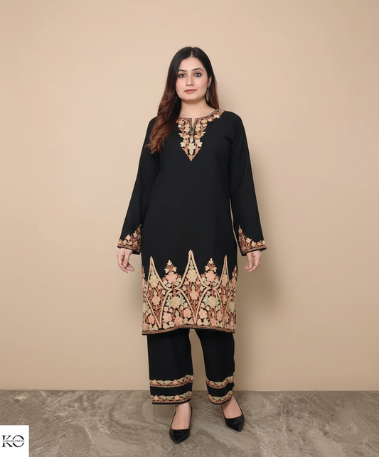 Black Silk Crepe Embroidered Border Design Suit With Dupatta