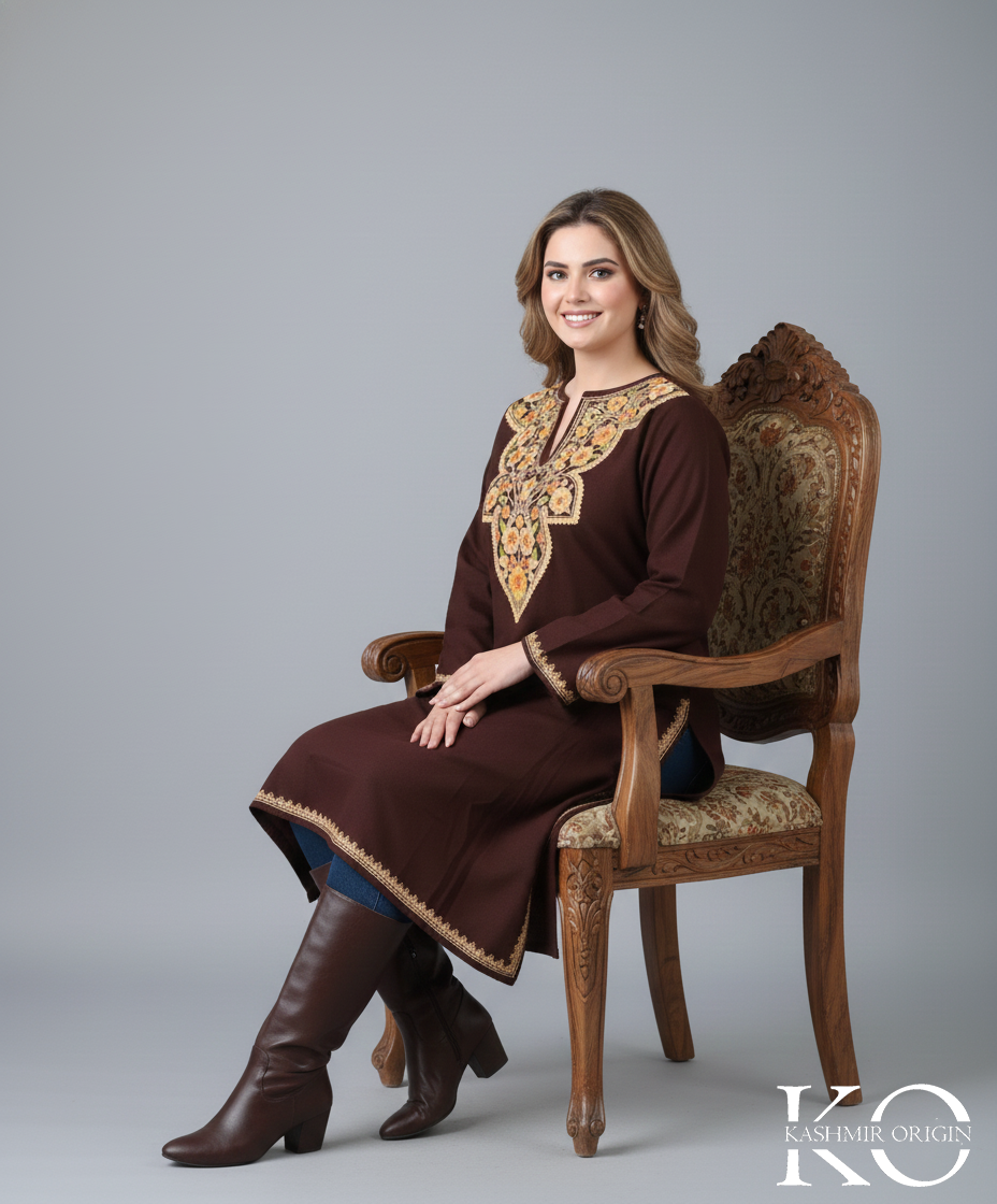 Richly Crafted Dark Brown Aari Embroidered Pheran