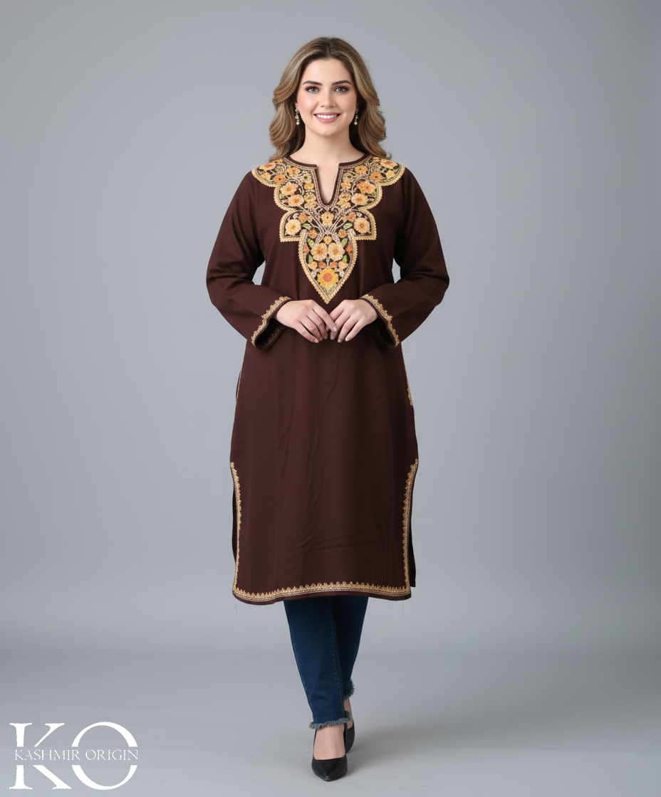 Richly Crafted Dark Brown Aari Embroidered Pheran
