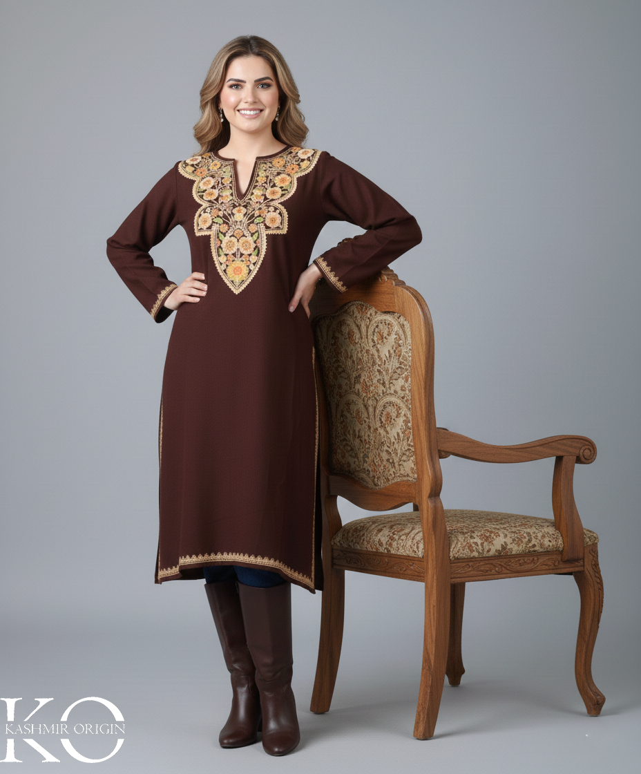 Richly Crafted Dark Brown Aari Embroidered Pheran